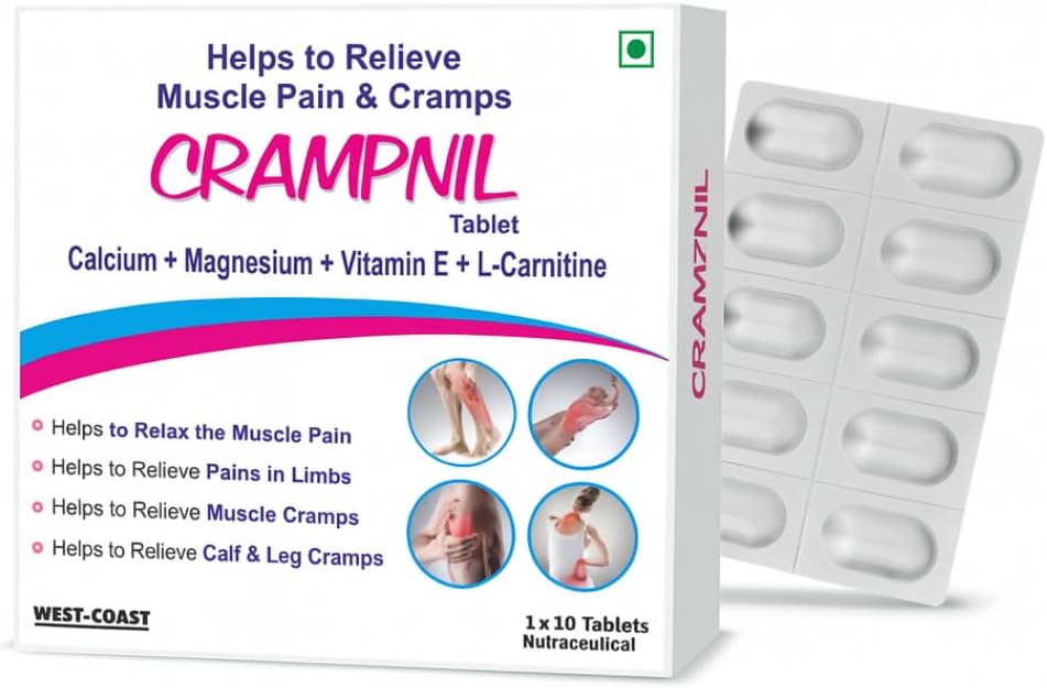 West-Coast Crampnil Cramp| Relieves Pregnancy, Leg, Calf & Muscle Cramps | Supports Blood Flow, Nerve & Joint Health, Reduces Fatigue & Body Ache | Magnesium, Calcium, Vitamin E, B1, B5 & B6, B12 & Vitamin E 10 Tablets