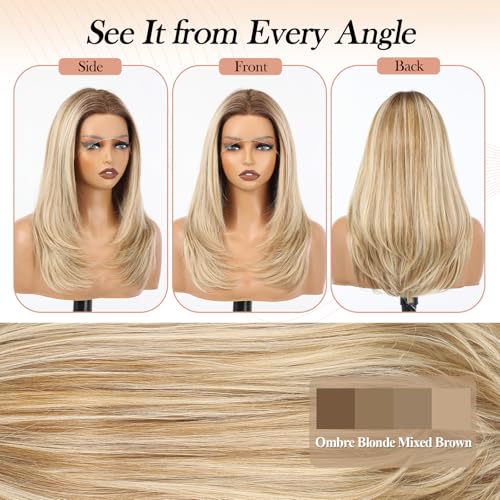 Image of EMMOR Human Hair Wig for Women 13x5x1 Inch HD Lace Front Wig 18 Inch Layered Glueless Wigs Pre-Plucked Hairline Human Hair Blend Premium Synthetic Fiber for Everyday Wear(Blonde Mixed Brown)
