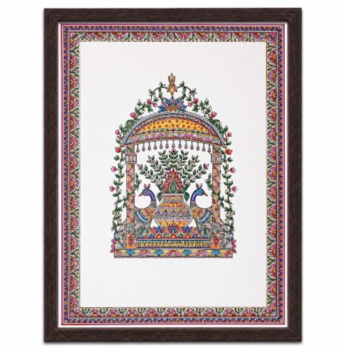 Image of PAPER PAJAMA Madhubani Peacock Kalash Wall Art for Living Room | Traditional Mithila Folk Painting | Peacock & Floral Indian Framed Decor for Home, Office & Bedroom (10x13 Inches)