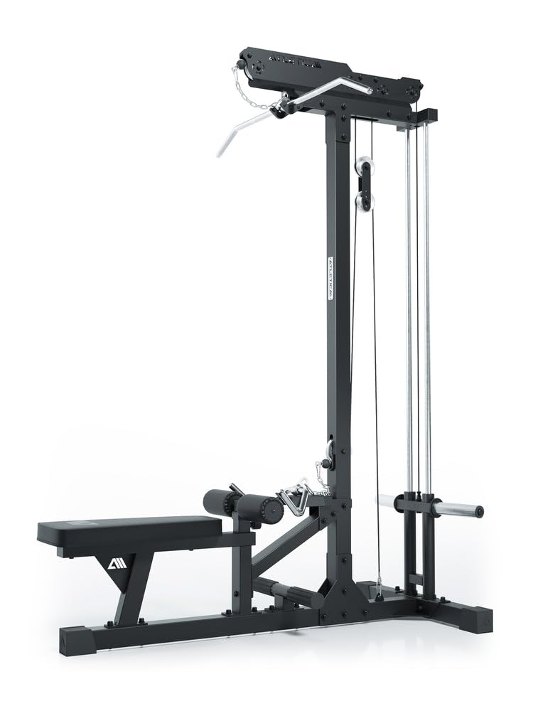 ATLETICA Latzug mit Ruder-Station, Plate-Loaded, Studioqualität | Führungsstäbe aus Vollstahl, Hartchrom-Griffe inklusive, 224cm Höhe