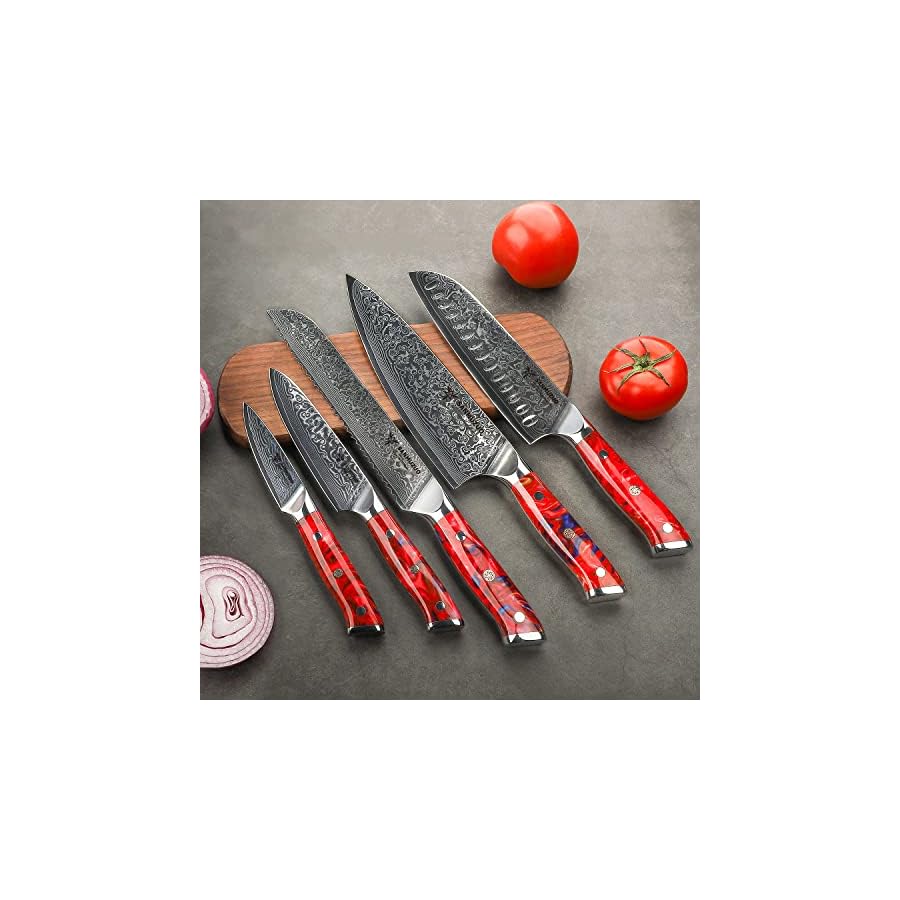 SANMUZUO-Chef-Cooking-Knives-Set-Kitchen-Knife-Set-of-5-Piece-Ultra-Sharp-VG10-Damascus-Steel-Resin-Handle-Xuan-Series-Sunset-Red SANMUZUO Chef Cooking Knives Set- Kitchen Knife Set of 5 Piece - Ultra-Sharp VG10 Damascus Steel & Resin Handle - Xuan Series (Sunset Red)