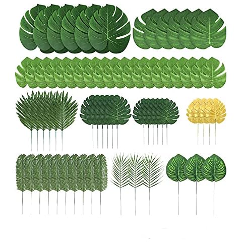 zatyorg 70PCS Artificial Palm Leaves with Stem Artificial Palm Leaves Tropical Plants Faux Monstera Leaves Stems for Jungle Theme Party Decoration Hawaiian Luau Party Decorations Cover