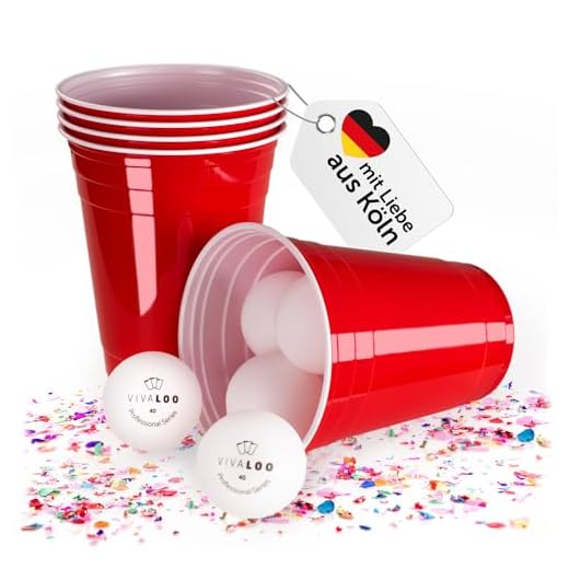 Vivaloo 50 wiederverwendbare Trinkbecher, Bierpongset inkl. 6 Bälle und offizieller Spielanleitung - Trinkbecher Red Cups, Rote Beer Pong Becher 473ml 16oz