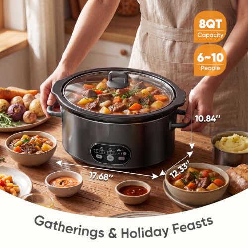 Image of NEWBULIG Slow Cooker 8 Quart, Large Slow Cooker, Ceramic Nonstick Coating, 3 Adjustable Temp Multi Cookers with Dishwasher Safe Stoneware Pot & Tempered Glass Lid, 35in Tangle Free Cord Wrap, Black