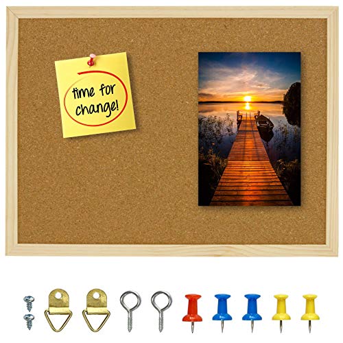 14.6"X 11" Cork Board, Notice Pin Board, Memo Board, Vision Board, Bulletin Board for Office, Classroom or Home, Mounting Hardware and Push Pins Included, Wooden Frame