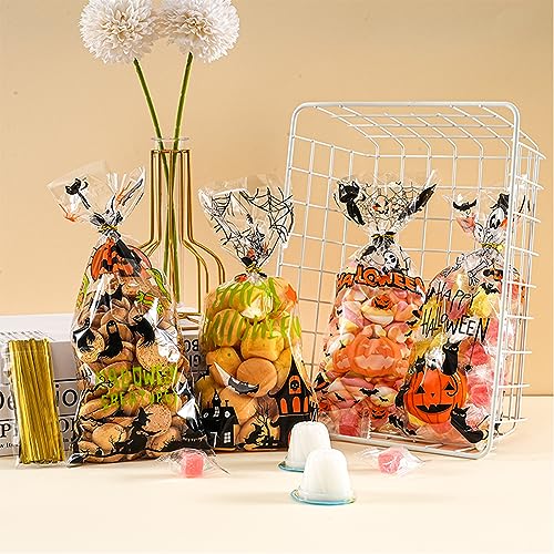 ONFAON Halloween Cellophane Treat Bags, 180pcs Halloween Trick or Treat Goody Gags with 200pcs Twists for Snacks Cookies Packing, Goodie Bags Party Supplies (10.8 * 4.9in)2