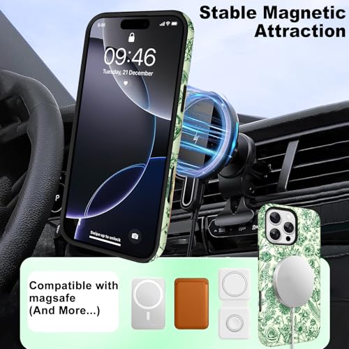 Image of Magnetic for iPhone 16 Pro Case with Finger Strap Kickstand [Compatible with Magsafe] Cute Flower Floral Pattern Design, Dual-Layer Shockproof Protective Cover for Women Men, Green
