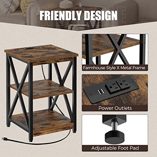 Rolanstar End Table, Sturdy Side Table With Charging Station, 2 Usb Ports, 3 Tier Open Shelf And Large Storage, Stable Frame Beside Table, Nightstands Set Of 2 For Sofa, Living Room (Rustic Brown) #TOP6