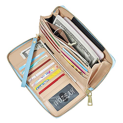 Wozeah Women's Rfid Blocking Pu Leather Zip Around Wallet Clutch Large Travel Purse (Blue) #TOP4
