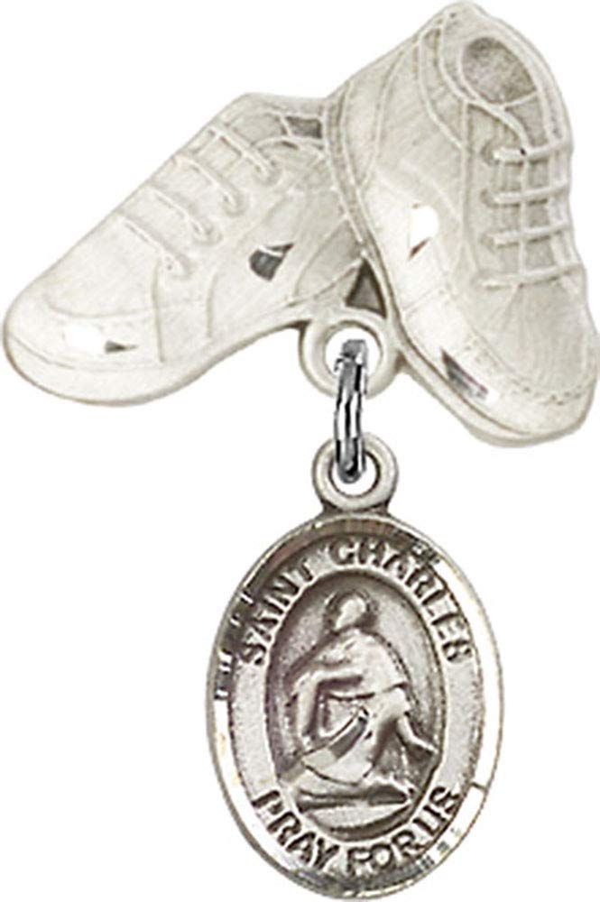 Jewels Obsession Baby Badge with St. Charles Borromeo Charm and Baby Boots Pin | Sterling Silver Baby Badge with St. Charles Borromeo Charm and Baby Boots Pin - Made In USA