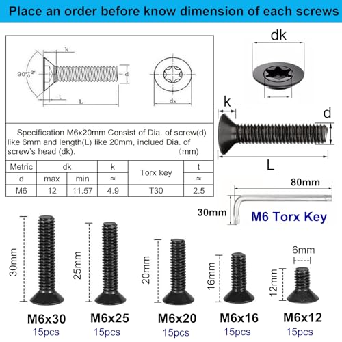 HanTof 75Pcs Flat Head Torx Drive Screws Bolts, Grade 10.9 Alloy Steel, M6 x 12/16/20/25/30mm CSK Head Star Drive Machine Screws Set with T30 Wrench, Black Oxide Finish, Fully Threaded Pitch : 1.0 mm by HanTof - Image 6
