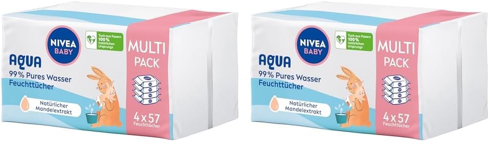 NIVEA Baby AQUA Feuchttücher, Baby Feuchttücher zur sanften Reinigung empfindlicher Haut, hypoallergene und parfümfreie Feuchttücher für Babys mit 99% Wasser (4 x 57 Stück) (Packung mit 2)