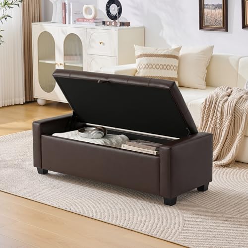 Image of Huatean Home 48 inch Ottoman with Storage, Storage Ottoman Bench with Safety Hinge, Upholstered Entryway Bench with Seating for Bedroom, Living Room, Holds up to 330 lb, Dark Brown