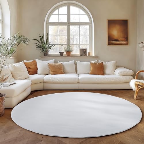 SIMPEX Tapis Rond Blanc 200 cm Tapis à Poils Courts Lavable, Rond, Doucement Antidérapant et Design Monochrome Moderne pour Salon, Chambre, Cuisine et Chambre d'enfant