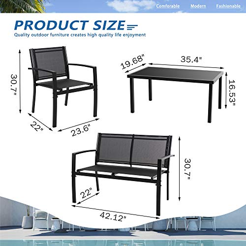 Image of Vongrasig 4 Pieces Patio Furniture Sets,Outdoor Patio Conversation Sets with Glass Coffee Table, Small Porch Balcony Furniture, Patio Table and Chairs Set for Garden, Backyard (Black)