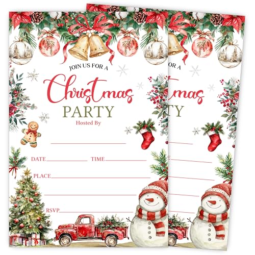 Christmas Bows Party Invitations Snowman Christmas Truck Invitations for Boys Girls 25 Pack Chrismas Tree Invites with Envelopes Chrismas Decorations for Birthday Baby Shower 4x6 Inch-F05