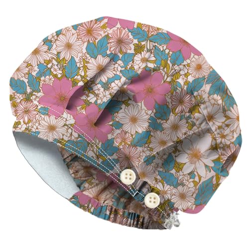 DELORIGIN Line Art Flowers Scrub Caps with 4 Buttons Cotton Nurse Cap Elastic Surgical Hats with Sweatband Chef Bouffant Scrub Cap for Women Men Vet Nurse Cooking Cleaning Head Cover One Size Fits All