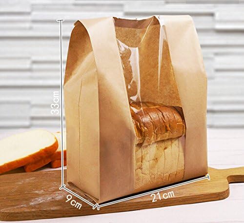 60 Pcs Paper Bread Loaf Bag Kraft Food Packaging Storage Bakery Toast Bag with Front Window, Label Seal Sticker Included (Style-1)