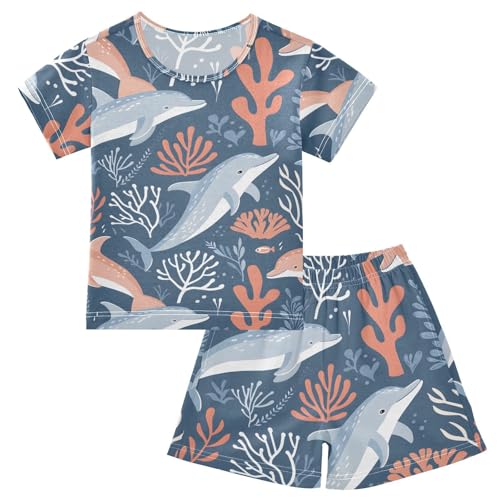 ALAZA Dolphin Coral Reef Blue Pajamas Short Sleeve 2 Piece Sleepwear Top and Bottom Pajama Set Unisex