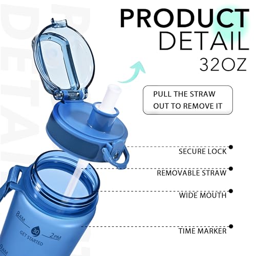 Image of 32oz Water Bottle with Straw, Time Marker & Fruit Strainer, Transparent Gradient Color Water Bottle with Times to Drink, Leakproof & BPA Free, Reusable Bottle with Strap