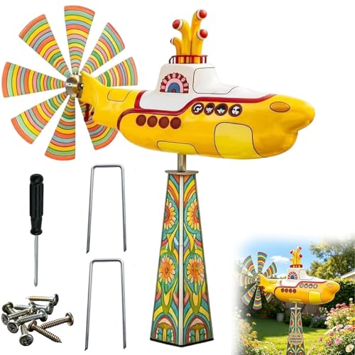 3D Yellow Submarine Wind Spinner Heavy Duty Metal Rotating Yard Art Kinetic Outdoor Garden Decor for Patio Lawn Flower Bed UV-Resistant Non-Fading Submarine Windmill (1PC)