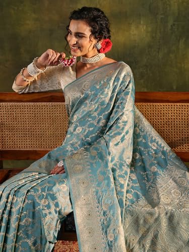 Image of Libas Woven Design Satin Saree for Women With Unstitched Blouse Piece | Traditional Saree for Festive & Wedding