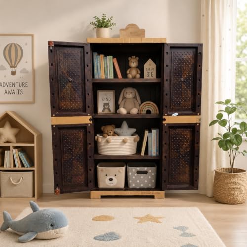 Image of Plastic Cabinet with Lockable Doors, 3 Shelves, Teakwood and AmberGold, Adjustable Shelves, Water Resistant