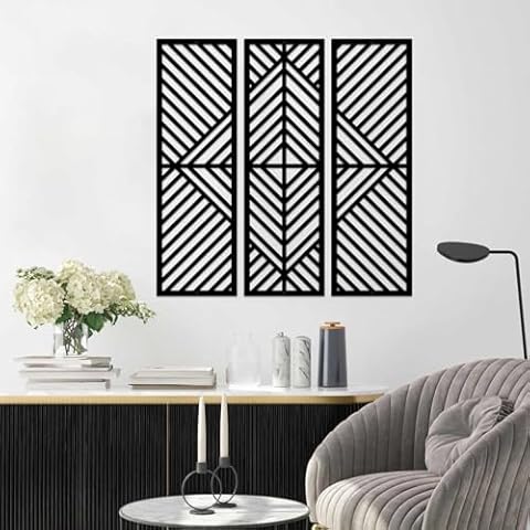 ESTART 3 Pcs Geometric Home Metal Wall Decor Vertical Abstract Minimalist Modern Black Wall Art Slatted Design Wall Hanging Sculpture for Living Room Bedroom Bathroom Study Office, 24.6 x 22 Inch Cover