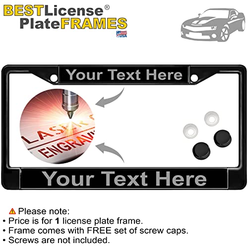 Image of Custom Personalized Black Powder-Coated Metal Laser Engraved Standard Size - Car /Automobile License Plate Frame with Free caps - Black /Gray Text (Qty: 1 Frame)