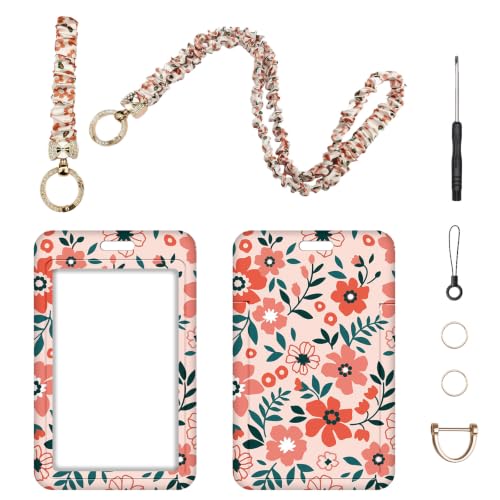 Lot de Porte Badge avec Cordon Tour De Cou Élastiques Scrunchie, Porte-Cartes, Dragonnes et Porte-Clés, pour porte badges d'Identification, Cadeau pour Infirmière Enseignant ou Étudiant (Fleur-Orange)