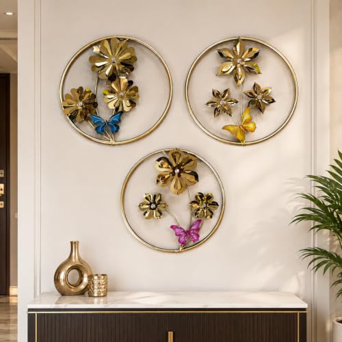 Image of SHREE 'O' GREEN TECH - Round Large Gold Metal Wall Decor Set of 3 Floral Flower Artwork with Multicolor Butterfly Decorative Wall Hanging for Home (19 x 19 Inch)