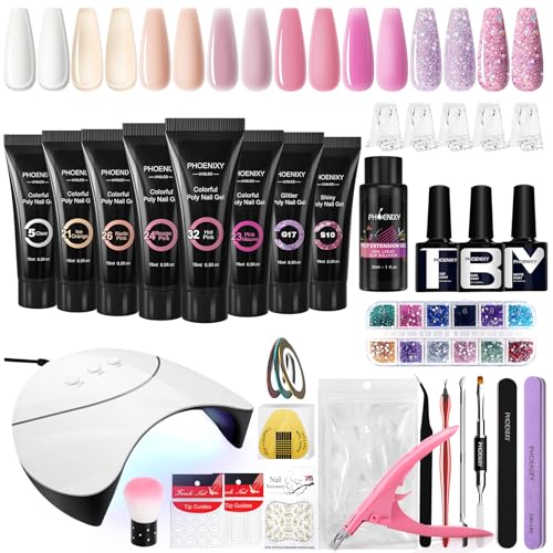 Phoenixy Kit Uñas de Gel, 8 Colores Kit de Extensión de Uñas Gel Completo con 36W U V/LED Lámpara, Set de Manicura con Capa Base y Capa Superior, Regalos de Nail Art para Principiantes