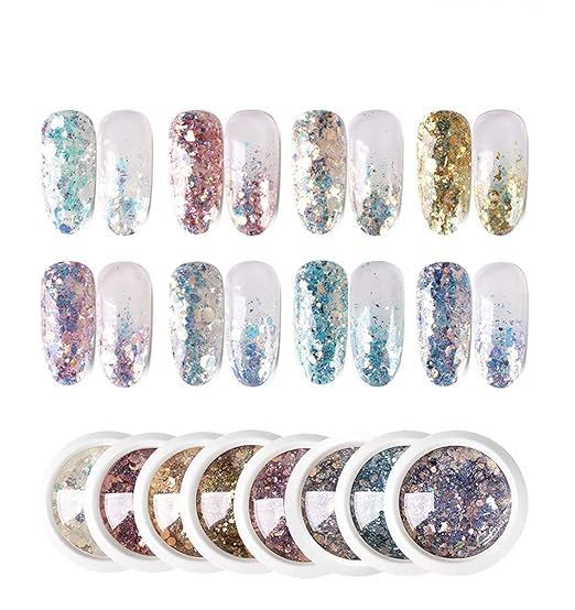 JAKLIN DIY Nail Art Gradient Glitter Magic Changing Color Laser Thin Sequins Mixed Mirror Hexagon Shape Mermaid | Flakes Spangles Palette | Craft Glitters. (8 Pcs) (Pack of 2)