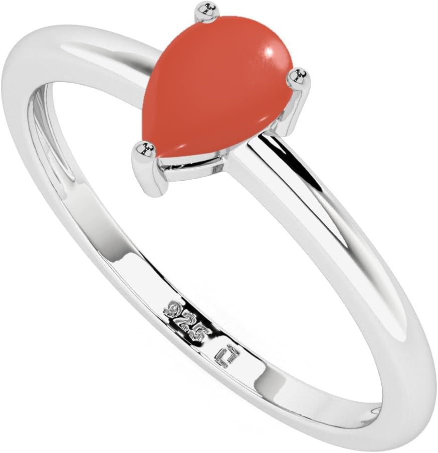 Natural Red Coral Stackable Ring for Women in Sterling Silver, April Birthstone Jewelry Gifts for Her (Prong-Set)(Round, Oval, Pear)