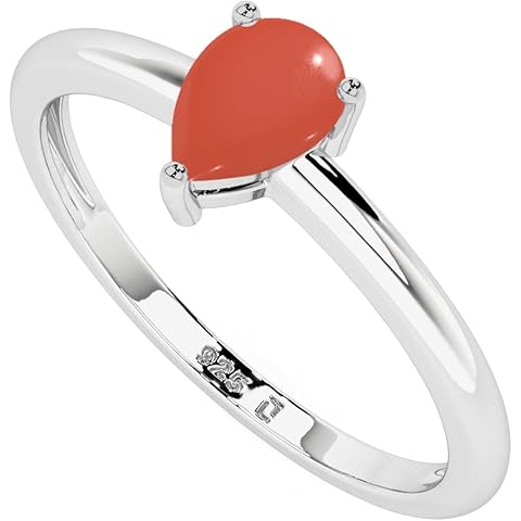 Natural Red Coral Stackable Ring for Women in Sterling Silver, April Birthstone Jew...