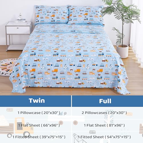 Image of Viviland 3 Pieces Boys Blue Truck Twin Sheet Set - Soft Microfiber Fitted Flat Sheets & Pillowcase - Construction Truck Bedding Sets - for Kids & Toddlers