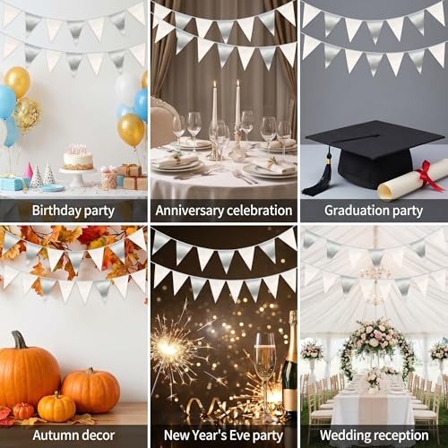 Image of 130FT White Silver Triangle Pennant Banner Flag Metallic Fabric Bunting Garland for Christmas Graduation Birthday Wedding Bridal Shower Nautical Ahoy Achor Theme Party Decorations Supplies