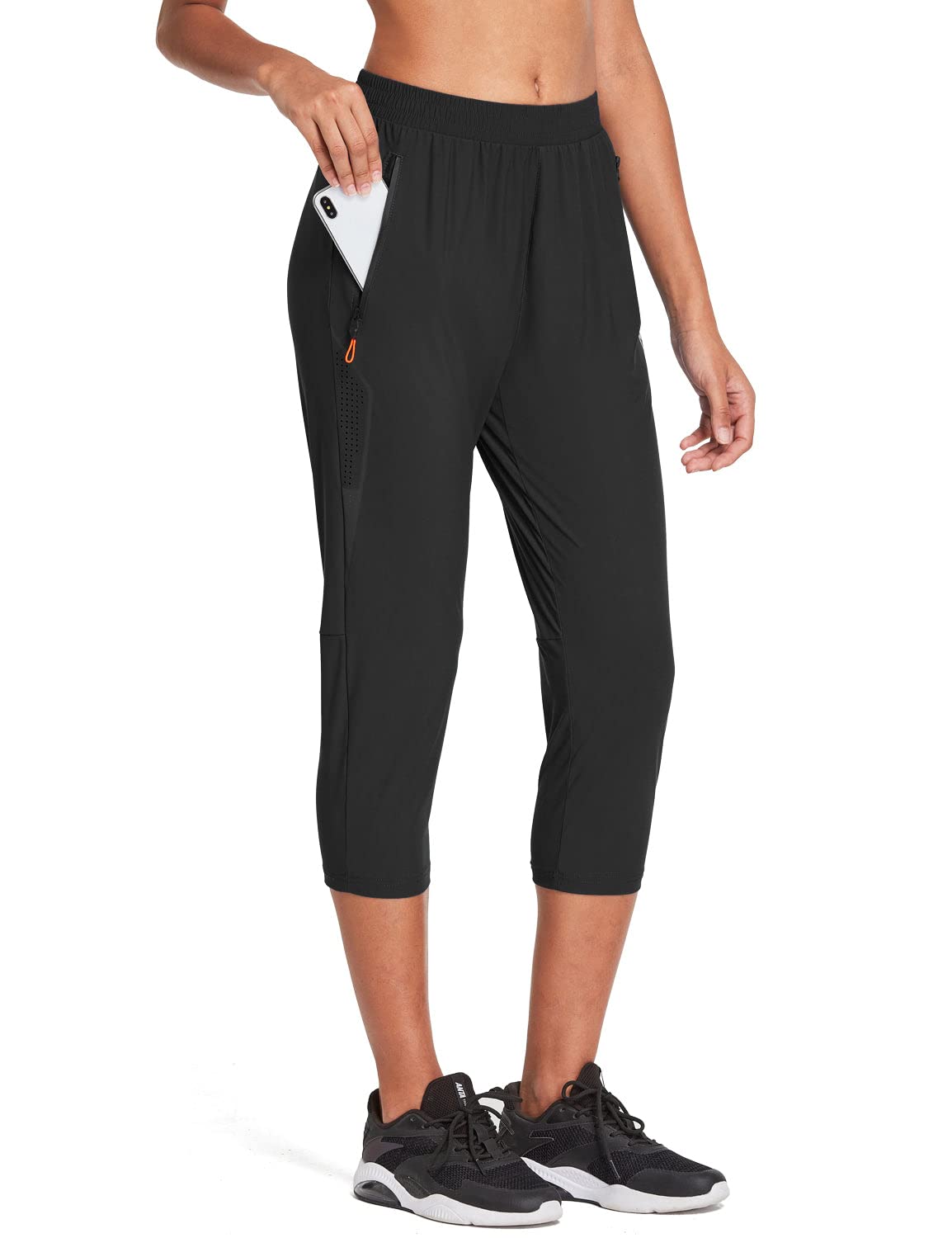 BALEAF Women's Jogger Capris Active Hiking Golf Running Cropped Pants Lightweight Zipper Pocket Black Size L