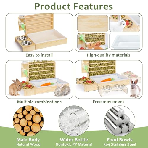 4 in 1 Rabbit Hay Feeder with Litter Box, Small Animals Hay Rack with Water Bottle, and 2 Bowls, Wooden Bunny Hay Holder Feeder Toilet Combo for Rabbit, Guinea Pig, Hamster, Hedgehog, Chinchillas - Image 5