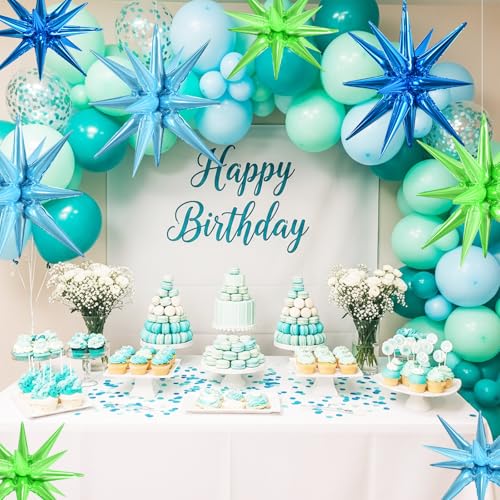 Image of TONIFUL 8 Pcs Blue and Green Explosion Star Foil Balloon Party Decoration | 22 Inch Large Mylar Star Balloons for Ocean & Sea Creature Baby Shower Dinosaur Themed Birthday Summer Pool Party Decorations