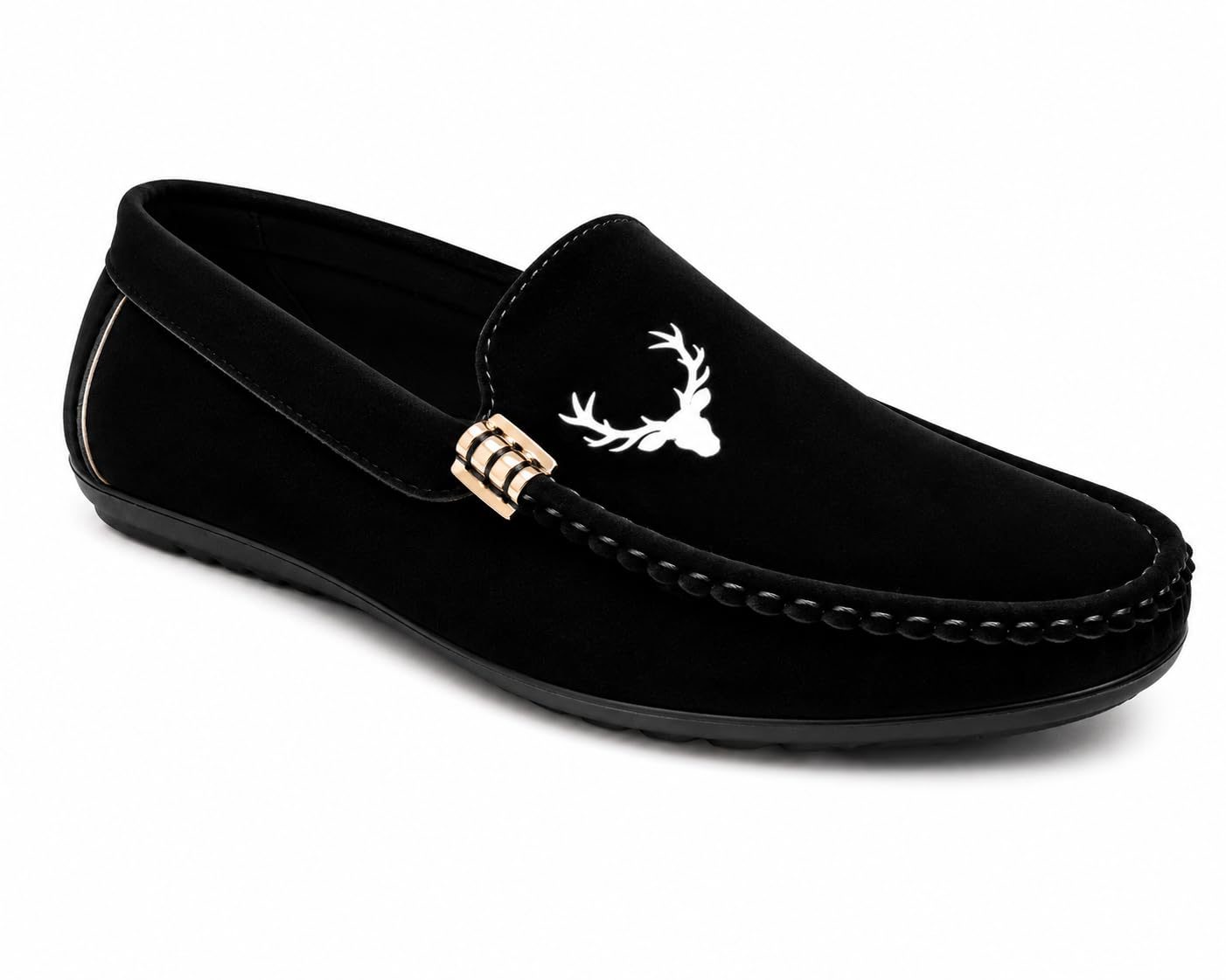Men's Black Suede Loafers, Slip-On Driving Shoes with Deer Embroidery and Gold Metal Accent-image-21