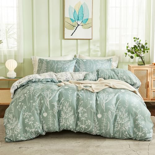 Herside Double Floral Duvet Cover Set, Green, 1 Duvet Cover 2 Pillowcases, Botanical Bedding, Reversible Design, Pastoral Style