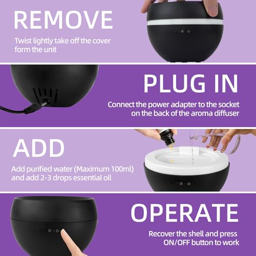 Difusor Aceites Esenciales 100 ml, Pequeño Difusor de Aromaterapia 2 Modos, Humidificador Ultrasónico y Difusor de Aroma, Apagado Automático, Ultra Silencioso, para Casa Hogar Oficina Yoga SPA, Negro - imagen 8