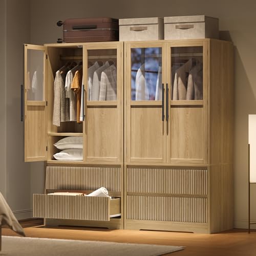 GarveeHome Bedroom Wooden Armoire Wardrobe Closet, Freestanding Large Wardrobe Armoire Cabinet with Glass Doors and 2 Drawers, Shelves & Hanging Rod for Bedroom, Clothes, Natural