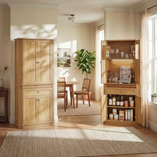 Image of 72.2 inch Tall Kitchen Pantry Cabinet with Doors, Farmhouse Storage Cabinet with Charging Station & LED Light, Drawer, Adjustable Shelves and Pull-Out Shelves, Oak Wood Pantry Cupboard for Dining Room