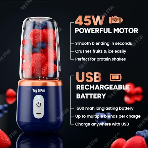 Image of Portable Blender - Electric Juicer & Smoothie Maker with 6 Stainless Steel Blades, 3-Speed Gears, USB Rechargeable 1500mAh Battery, Personal Mini Fruit Mixer Cup for Home, Travel & Gym (Multicolor-2)