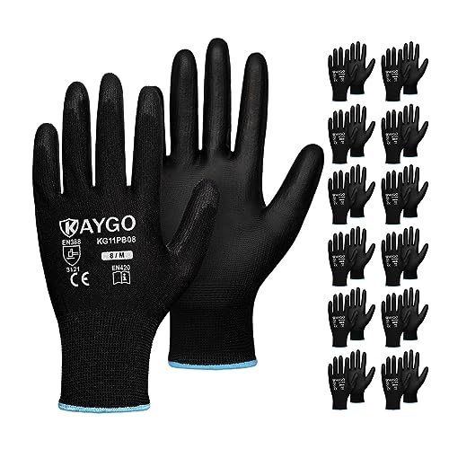Image of KAYGO Safety Work Gloves for Men Women, PU Coated Palm & Fingers, KG11P | Smooth Grip, Breathable & Lightweight, 13-Gauge Seamless Knit, for Light Warehouse, Manufacturing, Gardening