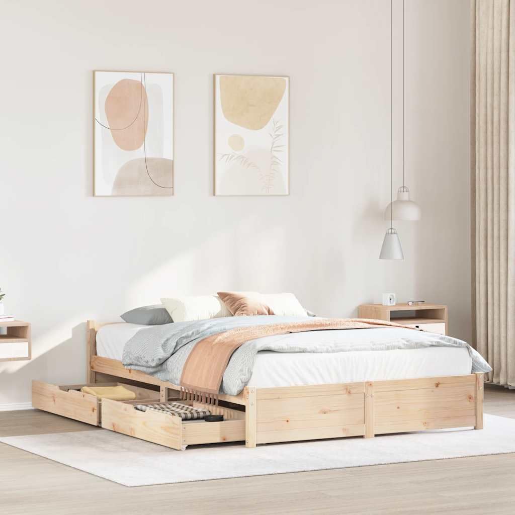 vidaXL Massivholzbett, Holzbett Bett mit Schubladen, Bettgestell Bettrahmen mit Lattenrost, Doppelbett für Schlafzimmer, 120x200cm Kiefer