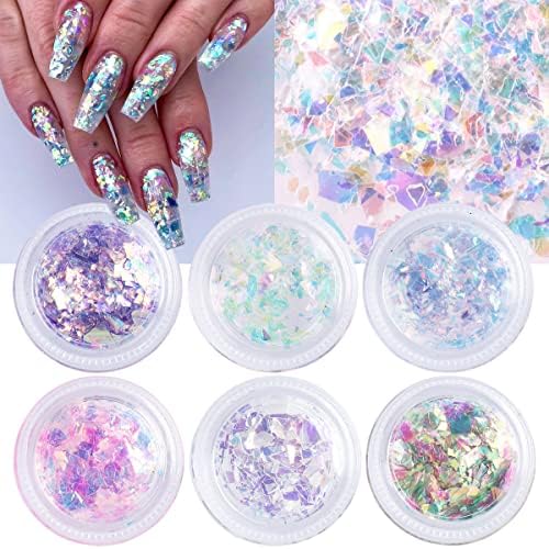 Mermaid Sequin Nail Glitter Flakes 6Boxes Irregular Iridescent Nail Foil Flakes Mylar Flakes for Nails Opal Holographic Chunky Glitter Set Nail Art Paillette Confetti for Nail Art, Body, Face Decor