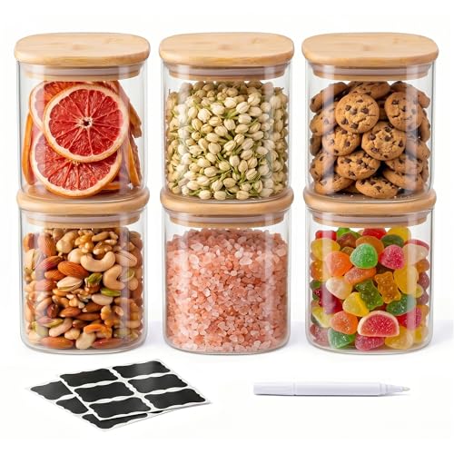 SENTVEND 24 Oz Glass Storage Jars with Bamboo Lids - 6 Pack Clear Glass Canisters Square Airtight Stackable Ideal for Pantry Storage Containers Organizers Great for Storing Oats Coffee Beans Nuts etc